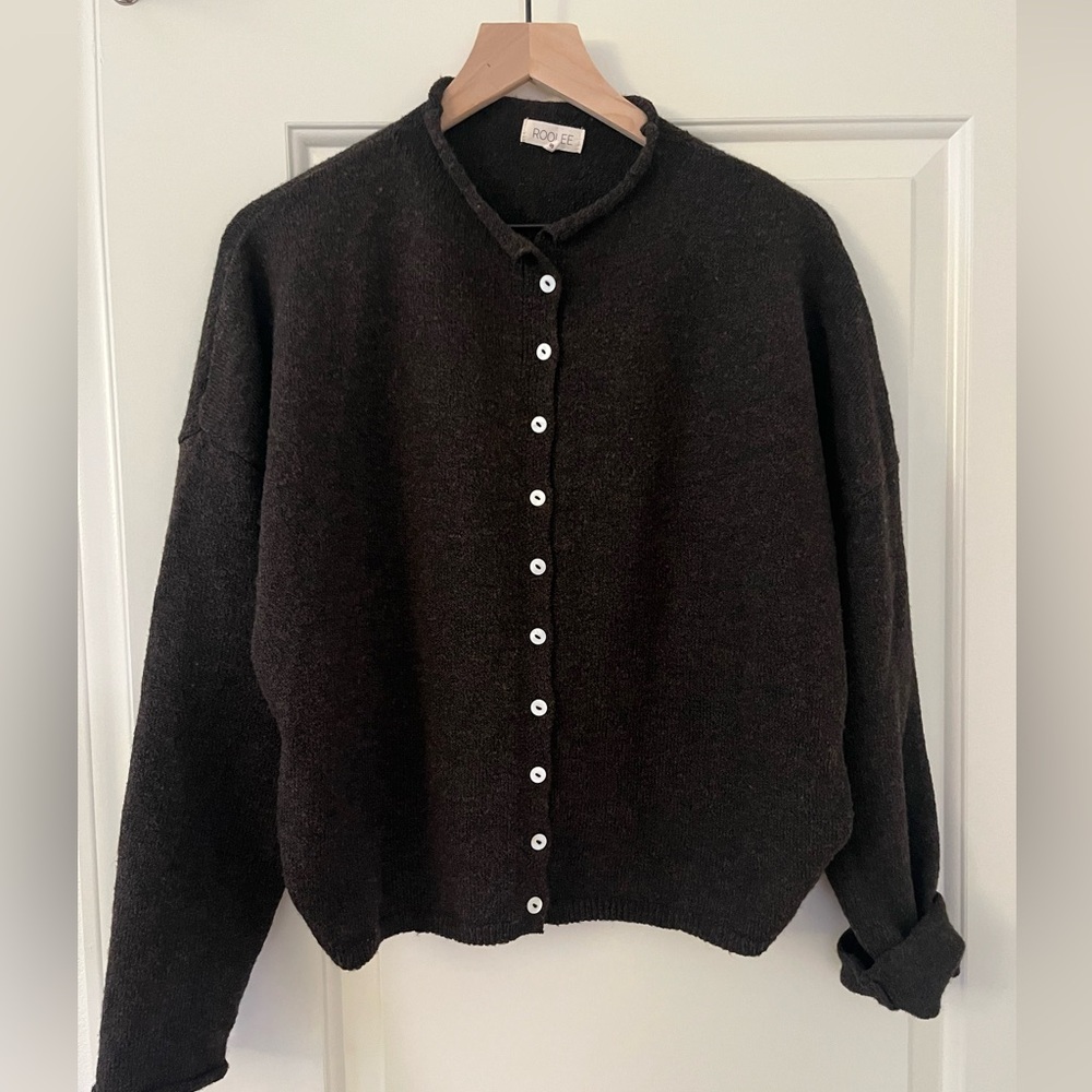 Brown button up roll sweater with iridescent White Buttons